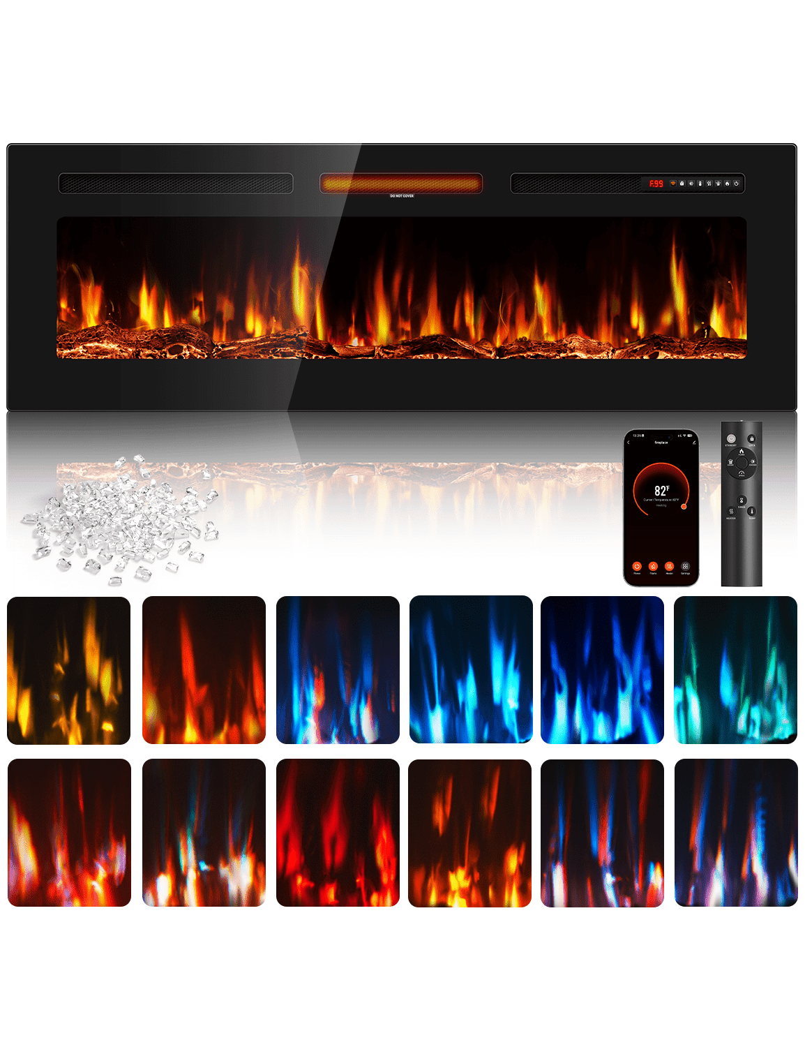 Patiosunny 50" WiFi Electric Fireplace, Freestanding/Inserts/Wall Mounted Fireplace Heater, 12 Flame Colours, with WiFi Remote Control&Smart App, 12H Timer, for Living Rooms and Bedrooms