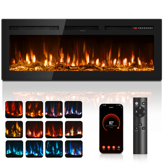 Patiosunny 60" WiFi Electric Fireplace, Freestanding/Inserts/Wall Mounted Fireplace Heater, 12 Flame Colours, with WiFi Remote Control&Smart App, 12H Timer, for Living Rooms and Bedrooms