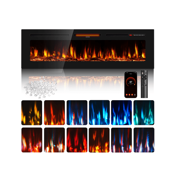Patiosunny 60" WiFi Electric Fireplace, Freestanding/Inserts/Wall Mounted Fireplace Heater, 12 Flame Colours, with WiFi Remote Control&Smart App, 12H Timer, for Living Rooms and Bedrooms
