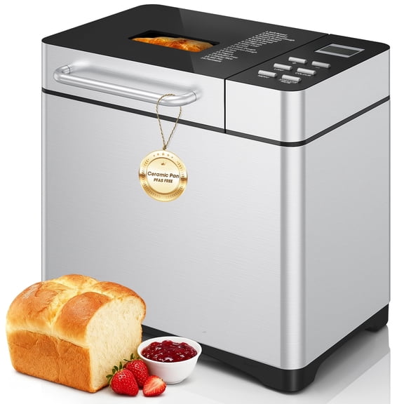 Patiosunny 710W Bread Maker, 19 Preset Programmes, 1LB &2LB & 1.5LB, Keep-Warm and Timer Function(Silver)