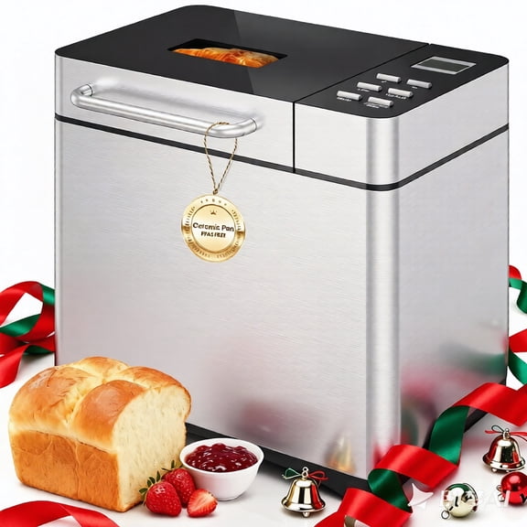 Patiosunny 710W Bread Maker, 19 Preset Programmes, 3 Crust Colour Settings, 360 Baking, Keep-Warm and Timer Functions, Silver