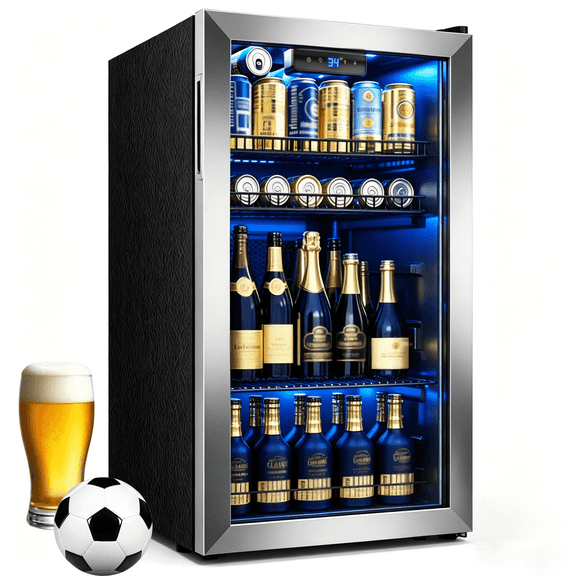 Patiosunny126 Can Beverage Refrigerator and Cooler with Glass Door for Home, 18.5 x 17.5 x 36.7 inches, Stainless Steel