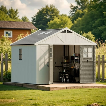 Patiowell 10' x 10' Resin Outdoor Storage Shed with Skylight, Windows & Lockable Door, Easy Assembly for Garden, Beige