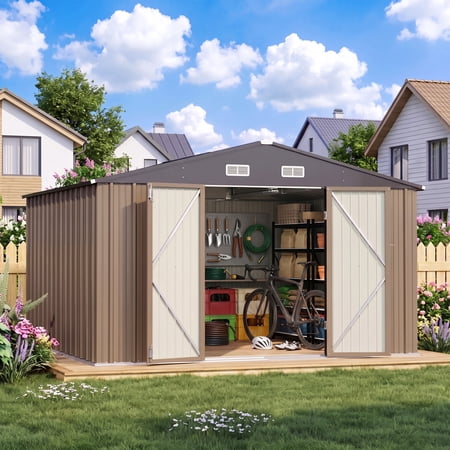 Patiowell 10 x 10 ft Outdoor Storage Metal Shed with Sloping Roof and Double Lockable Door, Brown