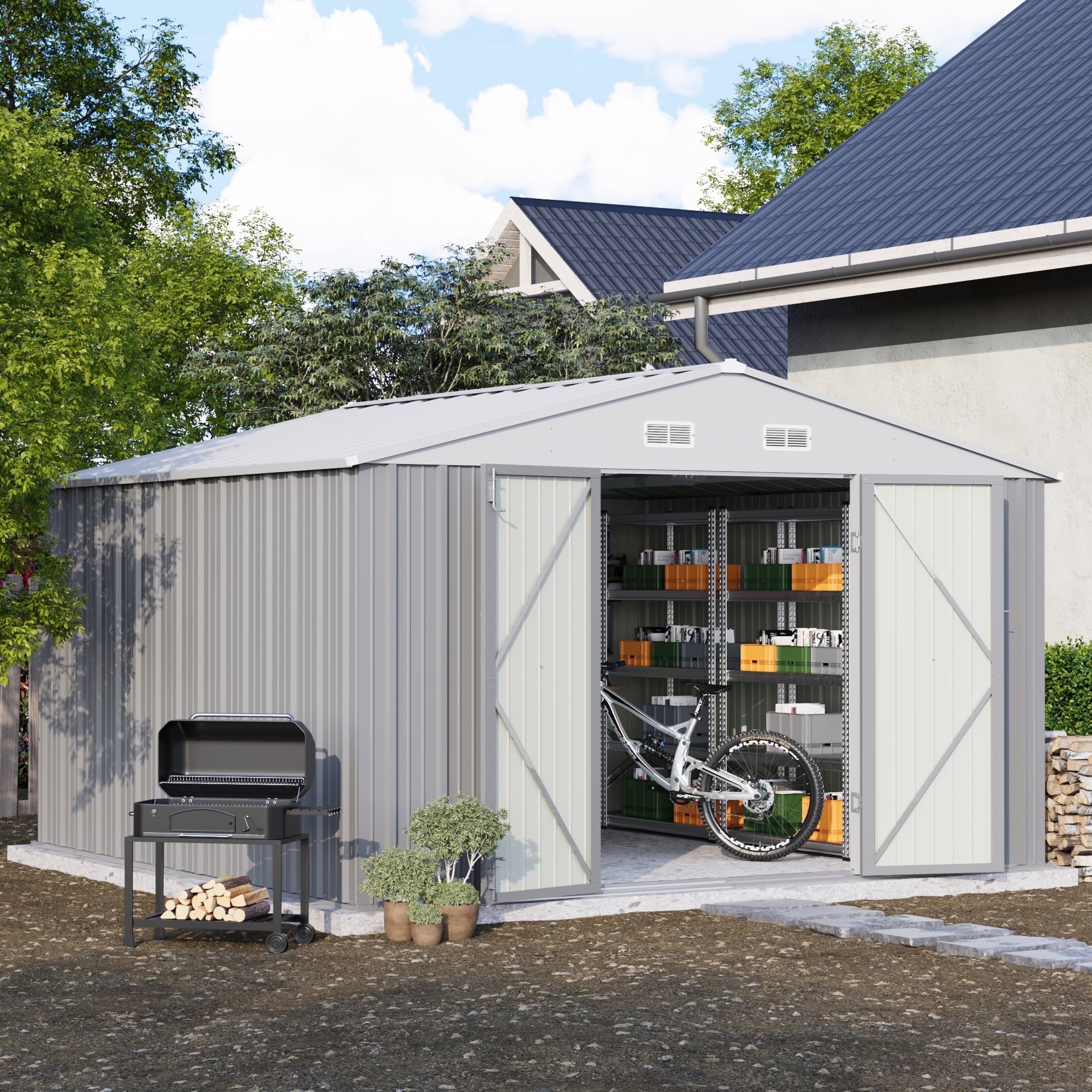 Patiowell 10'x10' Outdoor Storage Shed, Metal, Sloping Roof