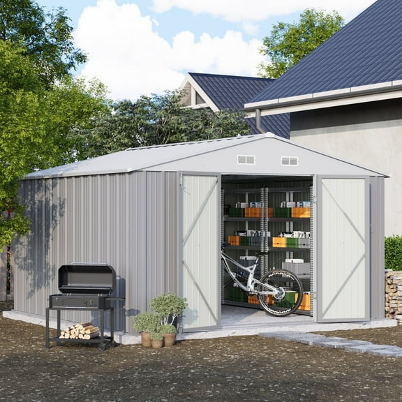 Patiowell 10 x 10 ft Outdoor Storage Metal Shed with Sloping Roof and Double Lockable Door, Gray
