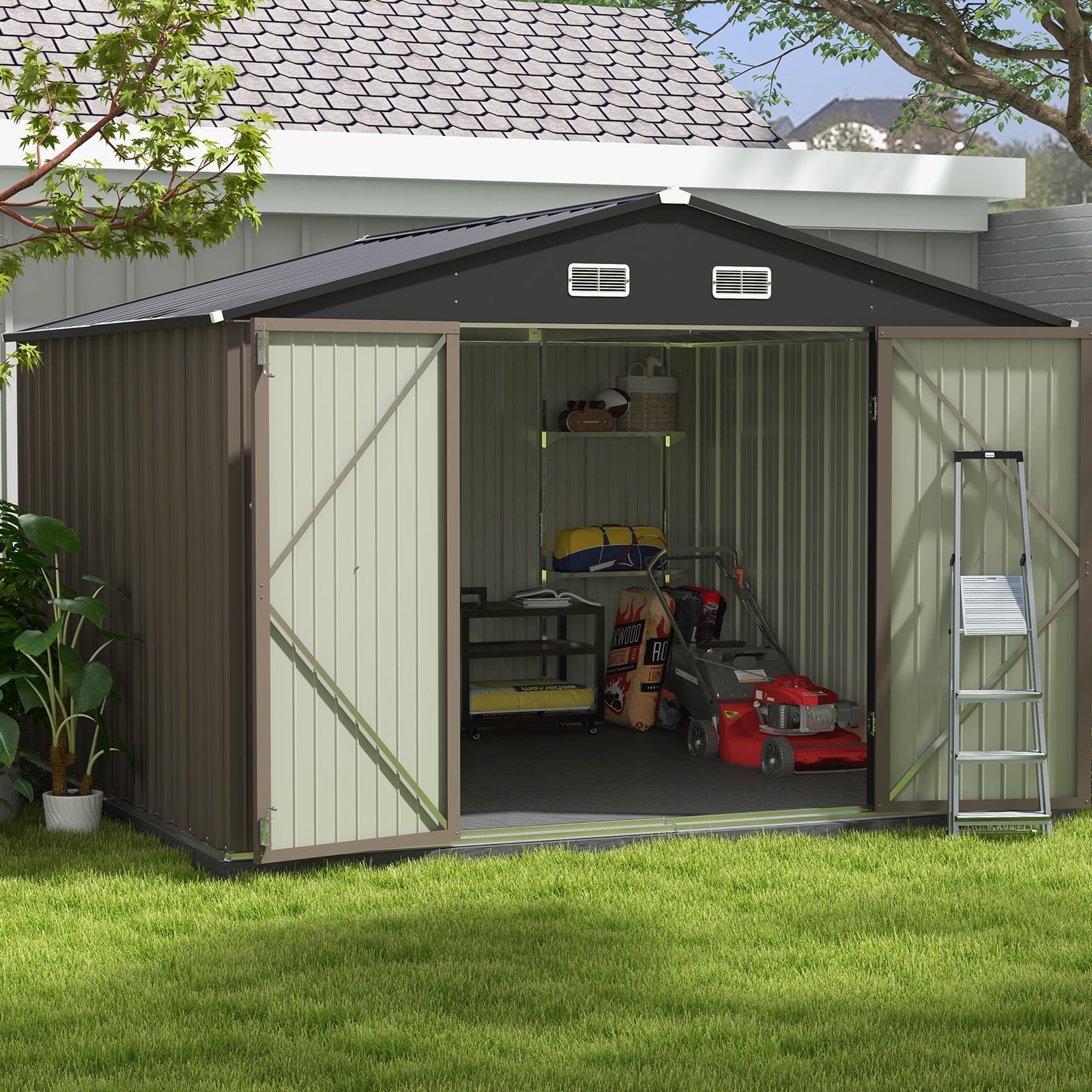 Patiowell 10 x 8 ft Outdoor Storage Shed with Detachable Storage Rack