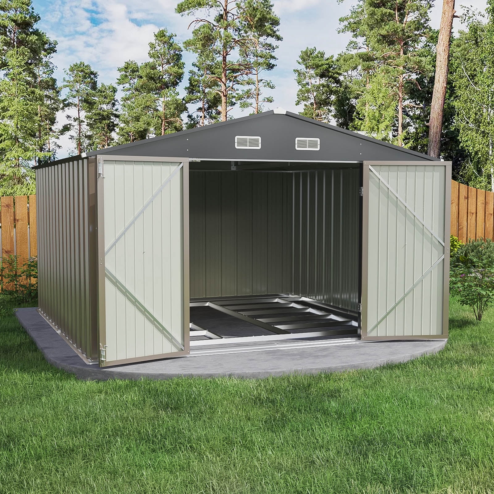 Patiowell 10' x 10' Metal Storage Shed with floor frame kit for Outdoor, Steel Yard Shed with