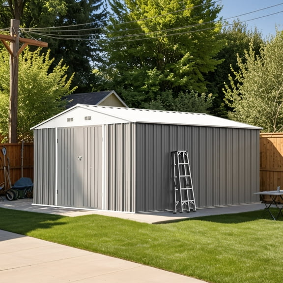 Patiowell 10'x12' Metal Outdoor Storage Shed with Double Lockable Doors & Air Vent for Garden, Backyard, Patio, Gray