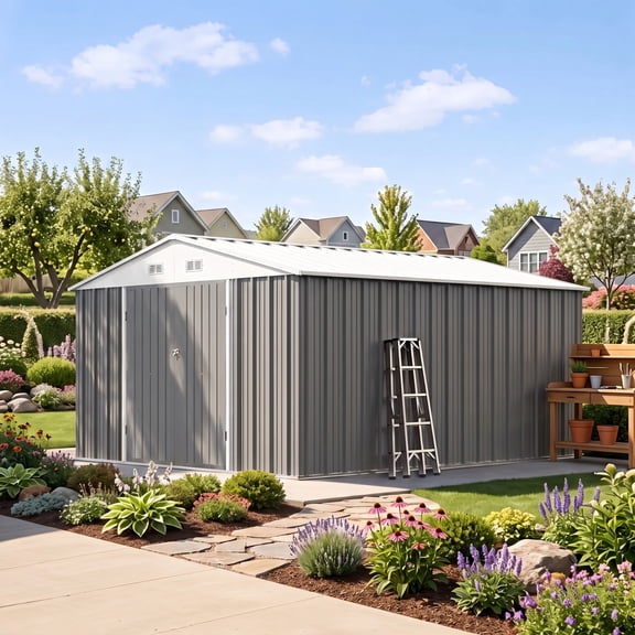 Patiowell 10'x12' Metal Outdoor Storage Shed with Double Lockable Doors & Air Vent for Garden, Backyard, Patio, 9.5'x12', Gray