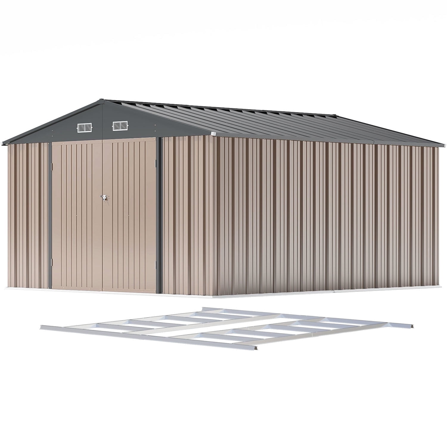 Patiowell 10'x12' Brown Metal Storage Shed with Double Doors