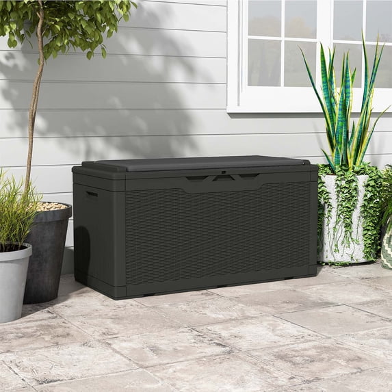 Patiowell 100 Gallon Resin Deck Box with cushion, Large Outdoor Storage Box with Padlock for Patio Furniture,Black