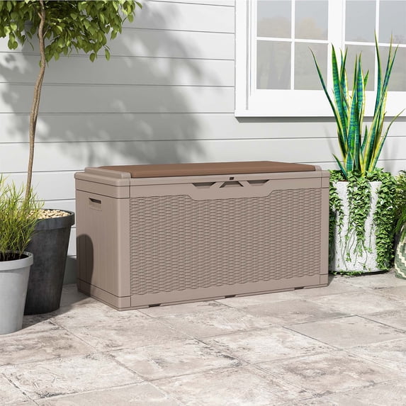 Patiowell 100 Gallon Resin Deck Box with cushion, Large Outdoor Storage Box with Padlock for Patio Furniture,Light Brown