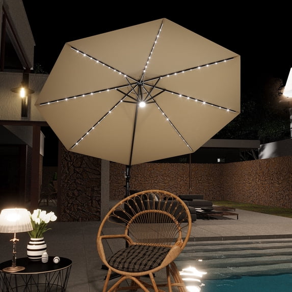 Patiowell 10F Patio Umbrella, with Solar LED, 360° Rotation, Crank Open & Tilt, Brown