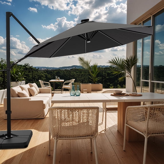 Patiowell 10FT Patio Umbrella with Base and Solar LED, 360° Rotation, Crank Open & Tilt, Black