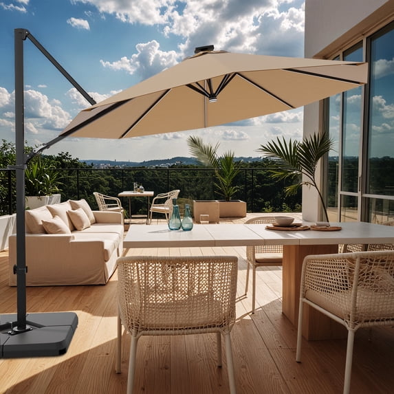 Patiowell 10FT Patio Umbrella with Base and Solar LED, 360° Rotation, Crank Open & Tilt, Brown