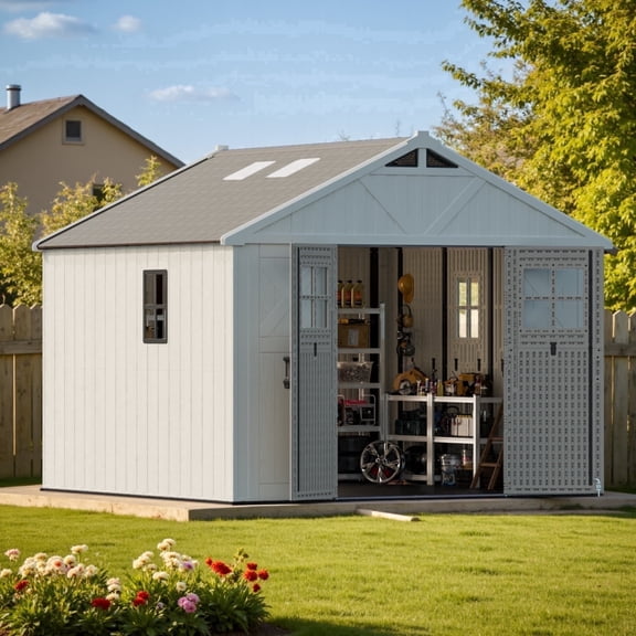 Patiowell 10x10ft Resin Garden Shed with Skylight & Lock, Weatherproof Outdoor Storage for Tools & Equipment, Beige