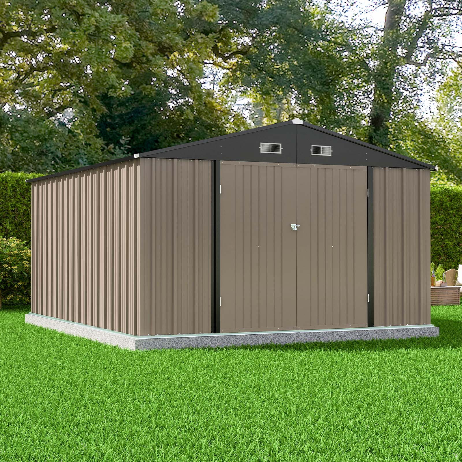 Patiowell 10x12 ft Metal Outdoor Storage Shed, Garden Tool Shed with Lockable Door & Sloping Roof, for Backyard Garden Patio, Brown