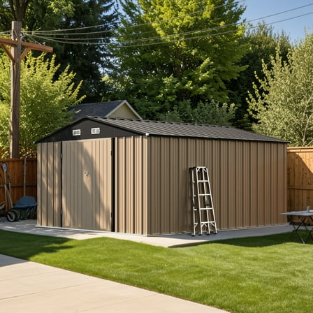 Patiowell 10x12 ft Metal Outdoor Storage Shed, Garden Tool Shed with Lockable Door & Sloping Roof, for Backyard Garden Patio, Brown