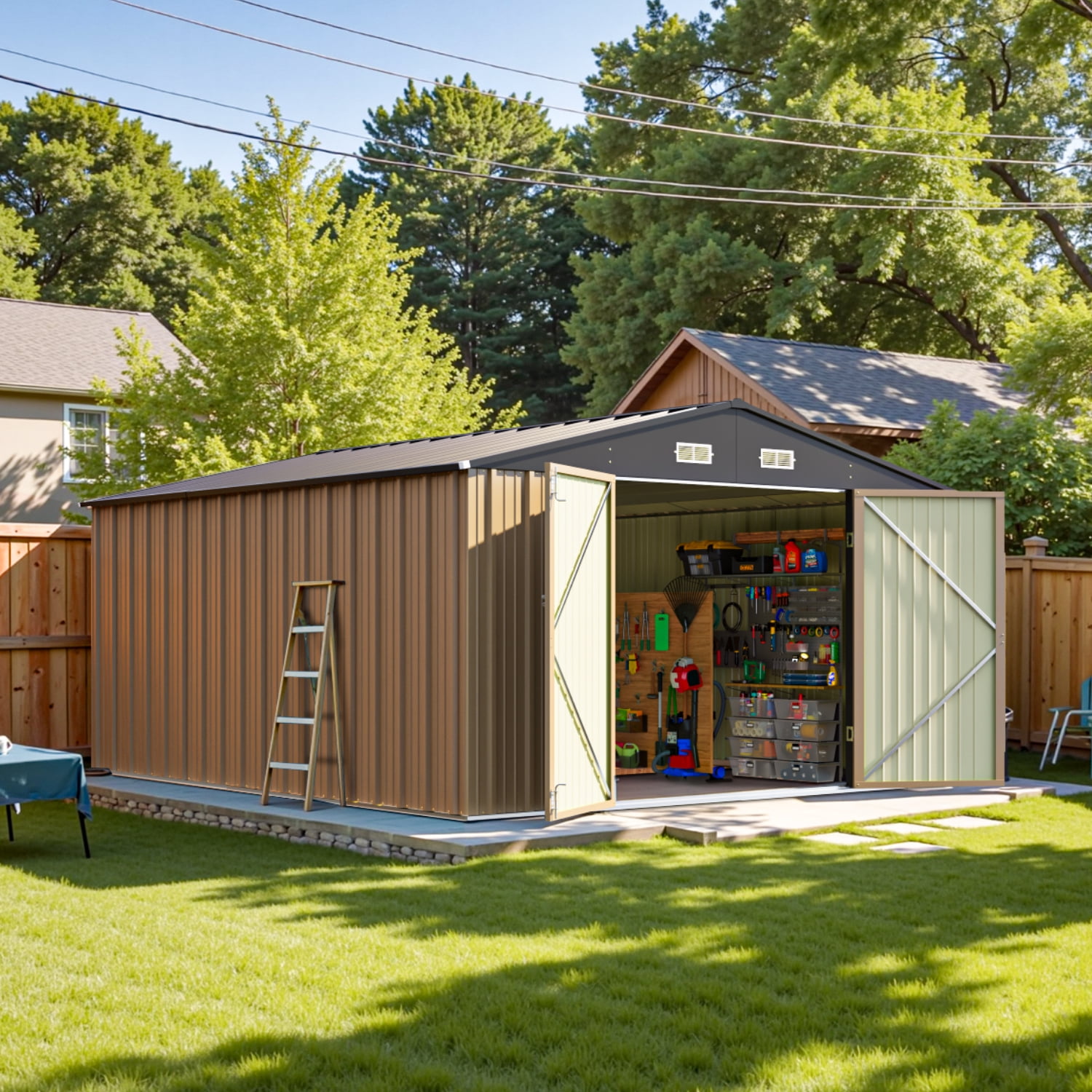Patiowell 12'x10' Metal Outdoor Storage Shed with Double Lockable Doors & Air Vent for Garden, Backyard, Patio, Brown