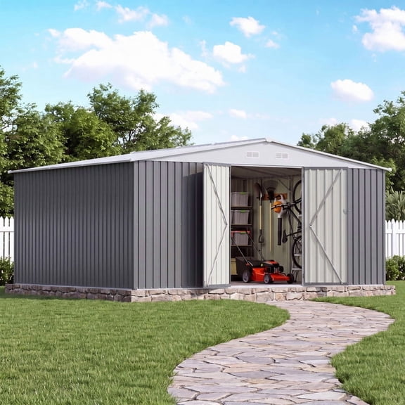 Patiowell 14x12 FT Metal Outdoor Storage Shed, Large Steel Garden Shed with Sloped Roof & Double Lockable Doors for Riding Mower, Lawn Tractor, Backyard, Gray