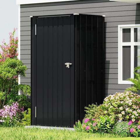 Patiowell, 21cu.ft Black Metal Storage Shed - Lockable All-Weather Garden Shed for Tools/Trash Bins