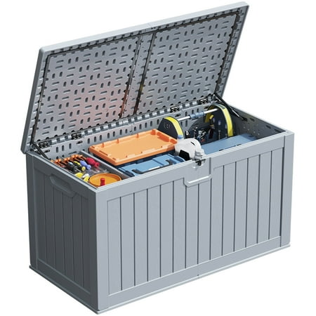 Patiowell 230 Gallon Deck Box, Waterproof Large Outdoor Lockable Storage Box with Divider for Patio Furniture and Garden Tools, Gray