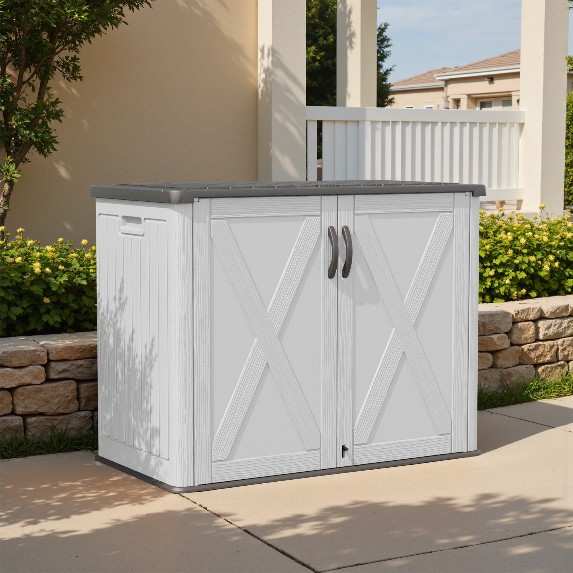 Patiowell 25 Cu.ft Outdoor Storage Shed with Floor, Horizontal Weatherproof Resin Cabinet for Patio, Garden Tools, Pool Supplies, White