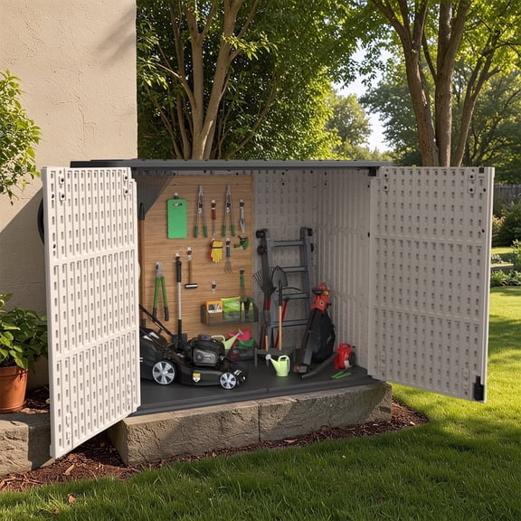 Patiowell 26 Cu.FT Outdoor Storage Shed with Floor, Lockable & Waterproof Horizontal Resin Cabinet for Patio Tools, Beige