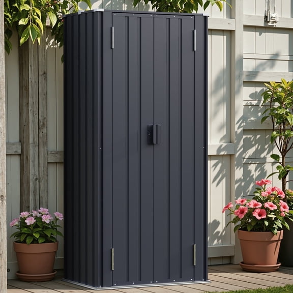 Patiowell, 26cu.ft Tall Black Steel Shed with 3-Tier Shelves - Vertical Organizer Shed for Garden/Tools
