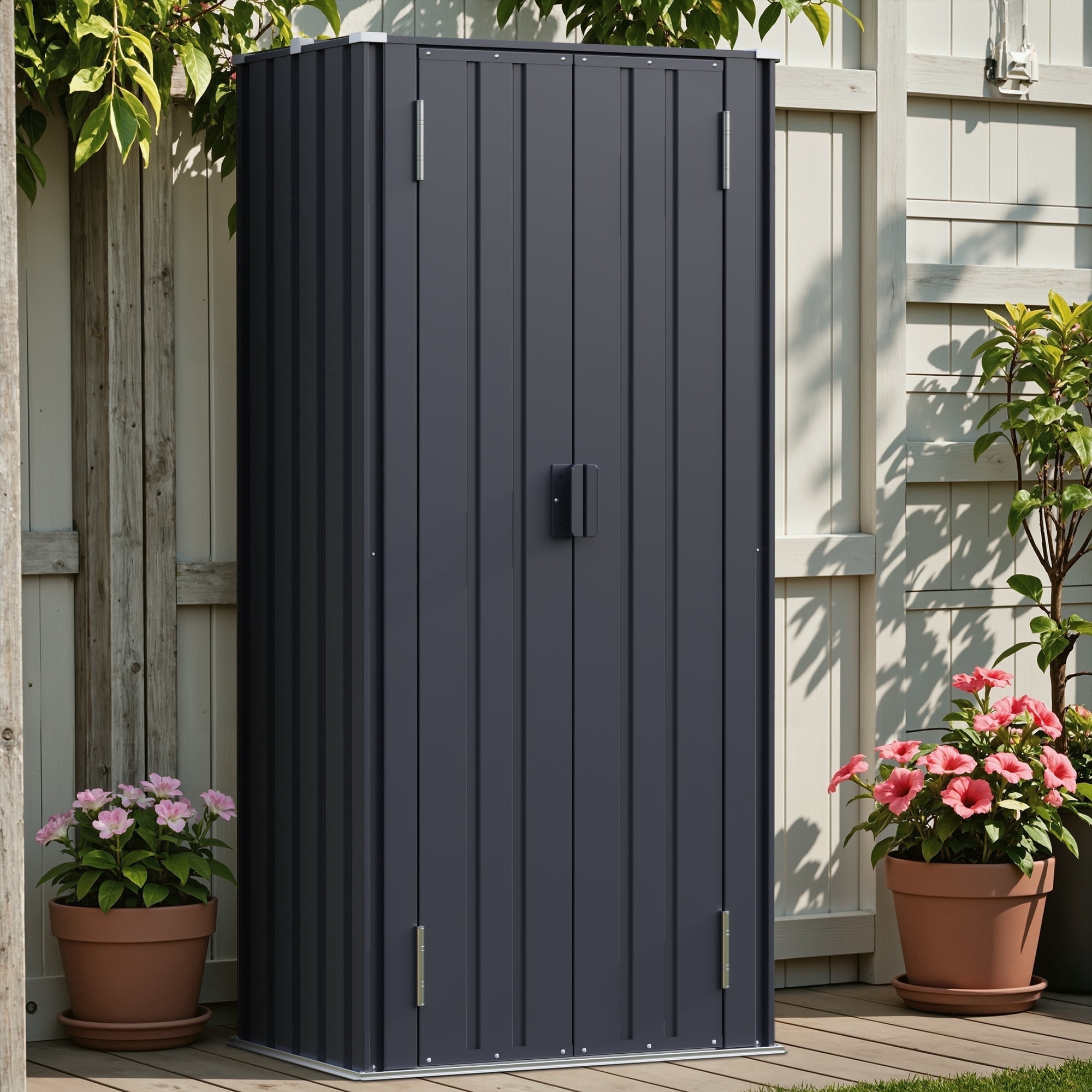 Patiowell, 26cu.ft Tall Black Steel Shed with 3-Tier Shelves