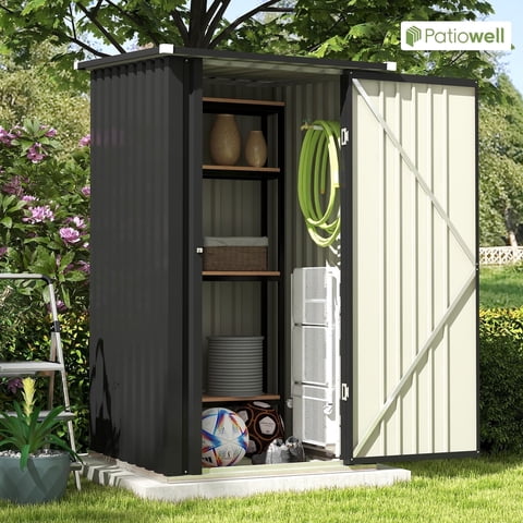 Patiowell 3×3FT Metal Outdoor Storage Shed with Sloping Roof and Single Lockable Door, Black