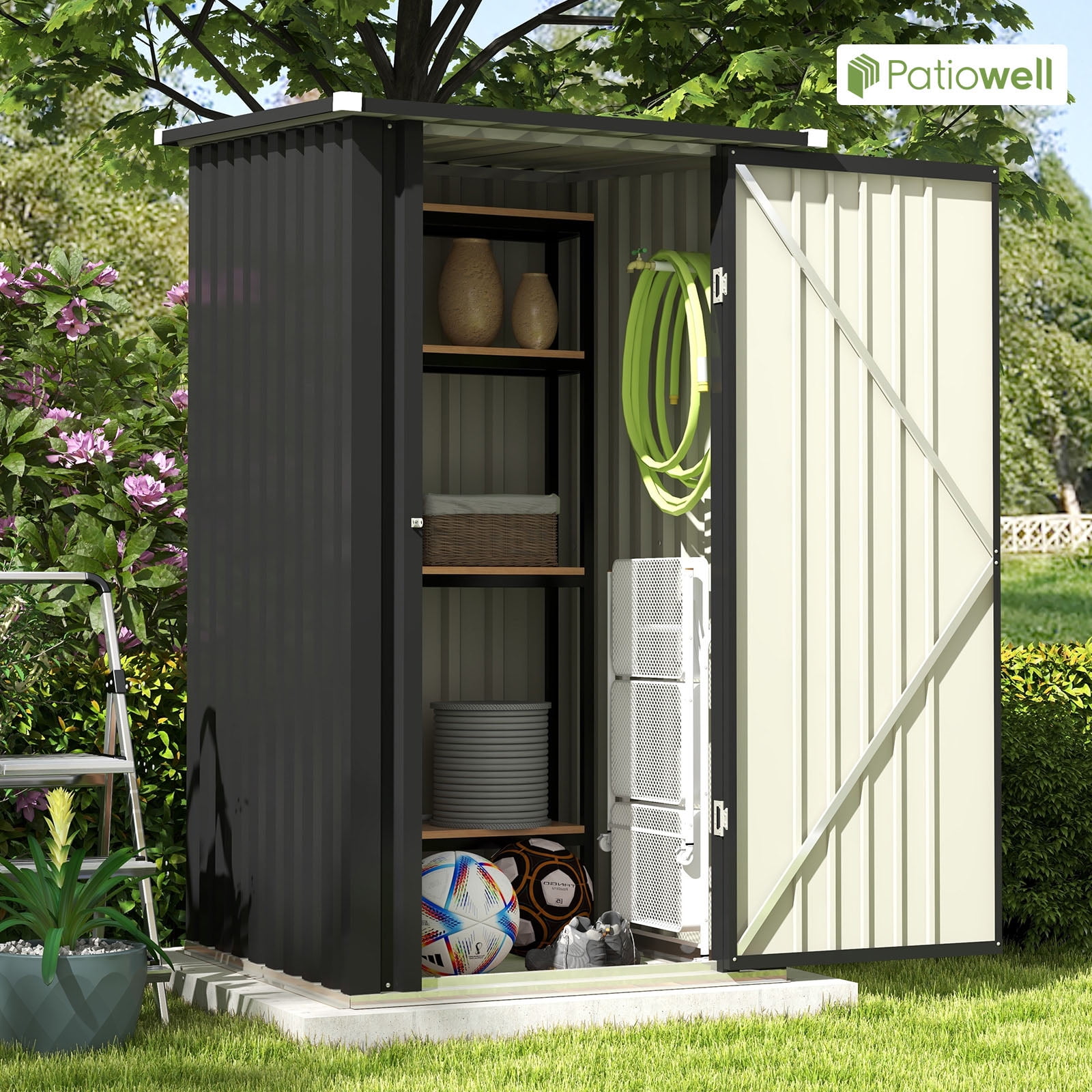 Patiowell 3×3FT Metal Outdoor Storage Shed with Sloping Roof and Single Lockable Door, Black