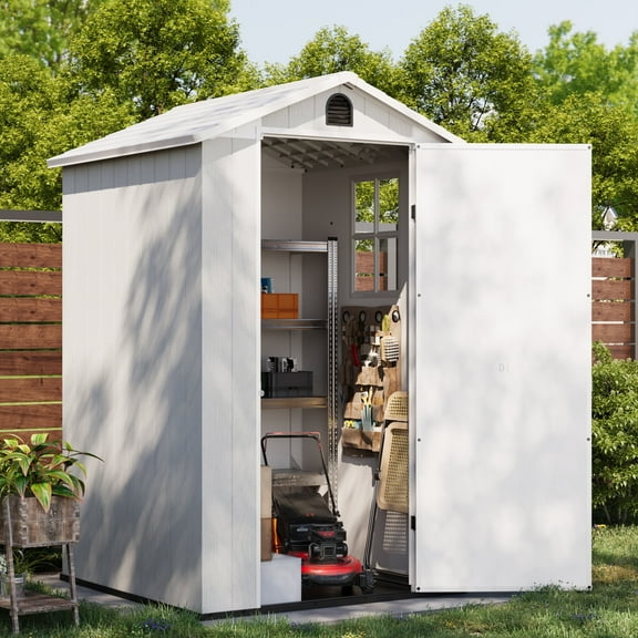 Patiowell 4'x 4' Resin Shed for Outdoor, Garden Tool Storage with Design of Lockable Doors,White