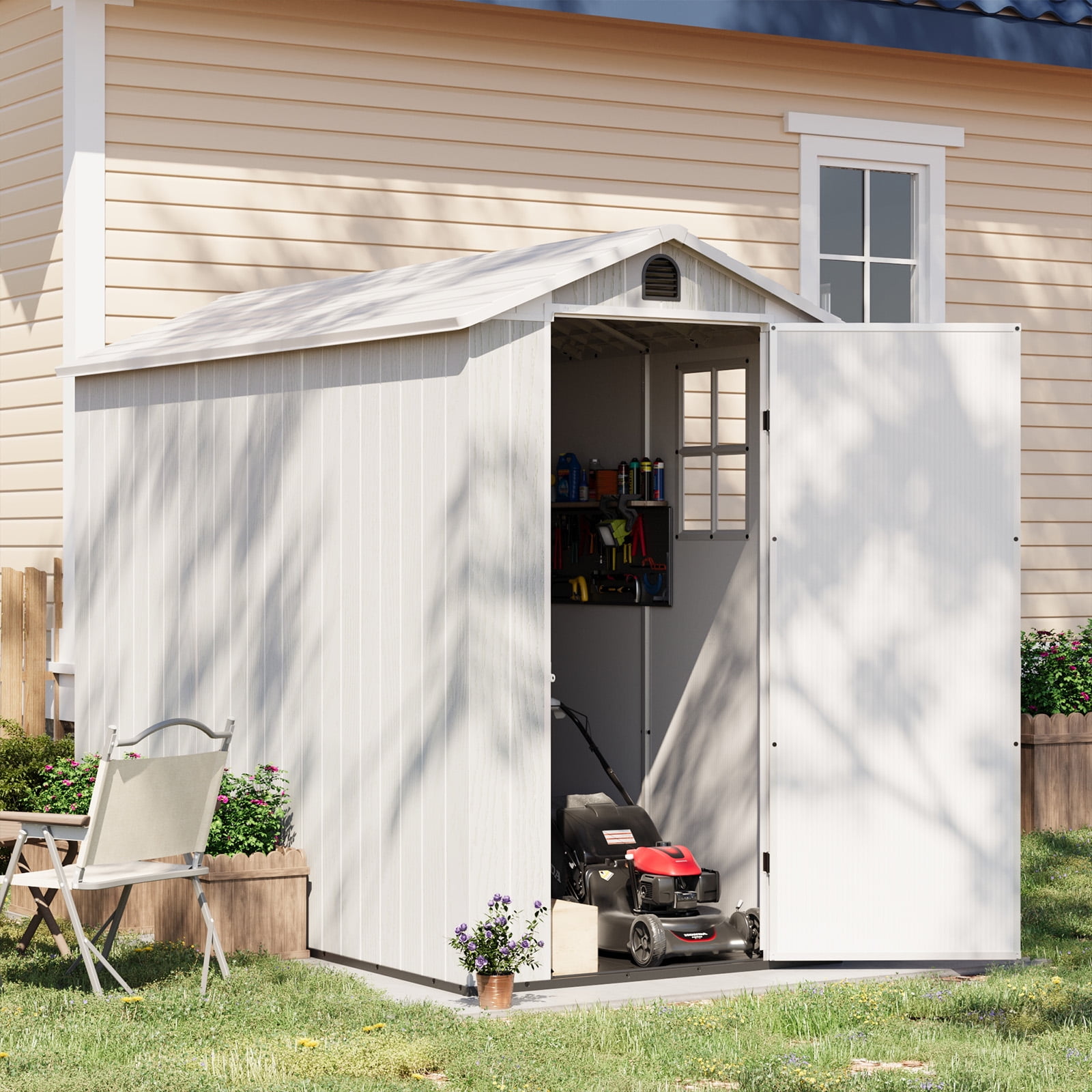 Patiowell 4'x8' Outdoor Resin Storage Shed, Lockable Garden Tool Shed, Durable Design for Yard Storage, White