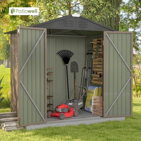 Patiowell 6' x 4' Outdoor Storage Shed, Metal Garden Tool Shed with Sloping Roof and Lockable Door, 6.2'x4', Brown