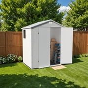 Patiowell 6'x 4' Plastic Outdoor Storage Shed with Floor & Lockable Door & Window, All-Weather Resin Shed for Garden, Tool & Backyard Storage, Light Gray