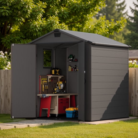 Patiowell 6'x6' Resin Storage Shed, Lockable Door & Window, Durable All-Weather Outdoor Shed for Garden & Tool Storage, Dark Gray