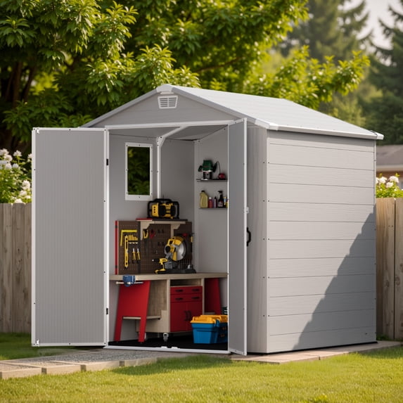 Patiowell 6'x6' Resin Storage Shed, Lockable Door & Window, Durable All-Weather Outdoor Shed for Garden & Tool Storage, Light Gray