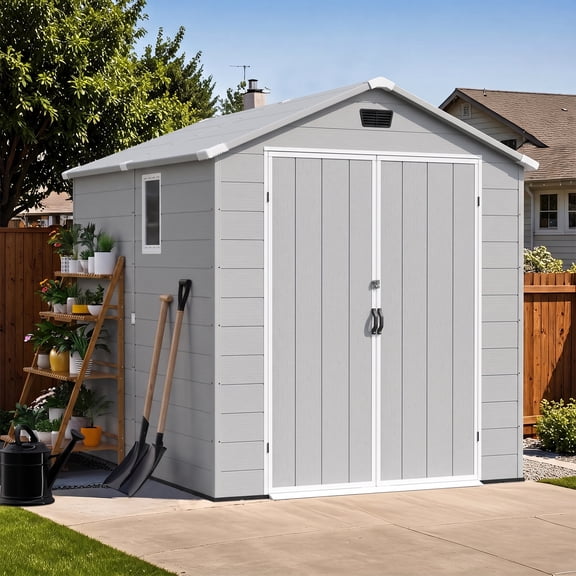 Patiowell 6'x8' Resin Storage Shed, Lockable Door & Window, Durable All-Weather Outdoor Shed for Garden & Tool Storage, Light Gray