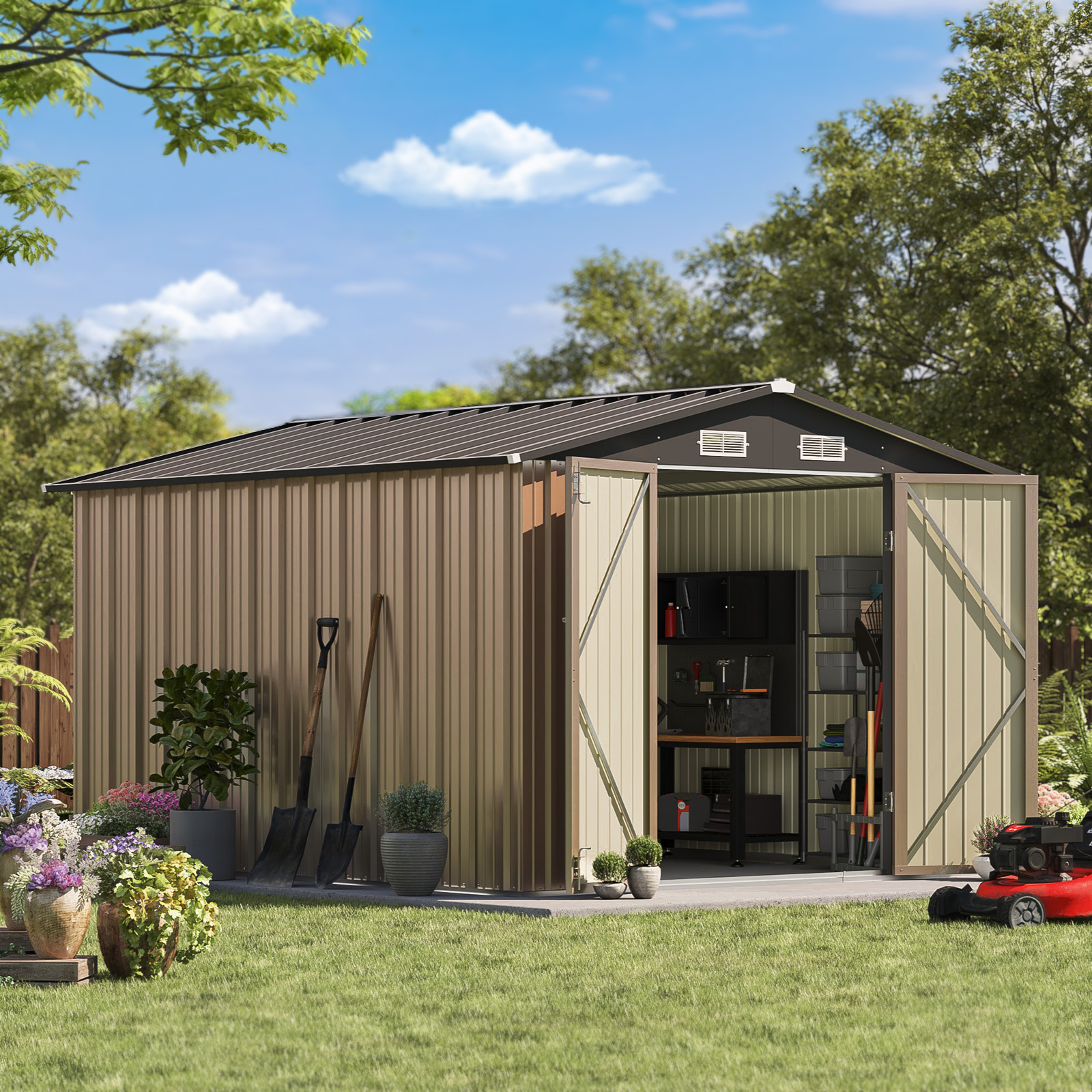 Patiowell 6x4 FT Outdoor Storage Shed, Metal Sheds with Double Lockable Doors for Lawn, Brown ...