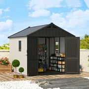 Patiowell 8x10 Plastic Outdoor Storage Shed with Floor, Window & Lockable Door for Garden, Backyard, Easy to Install, Gray & White