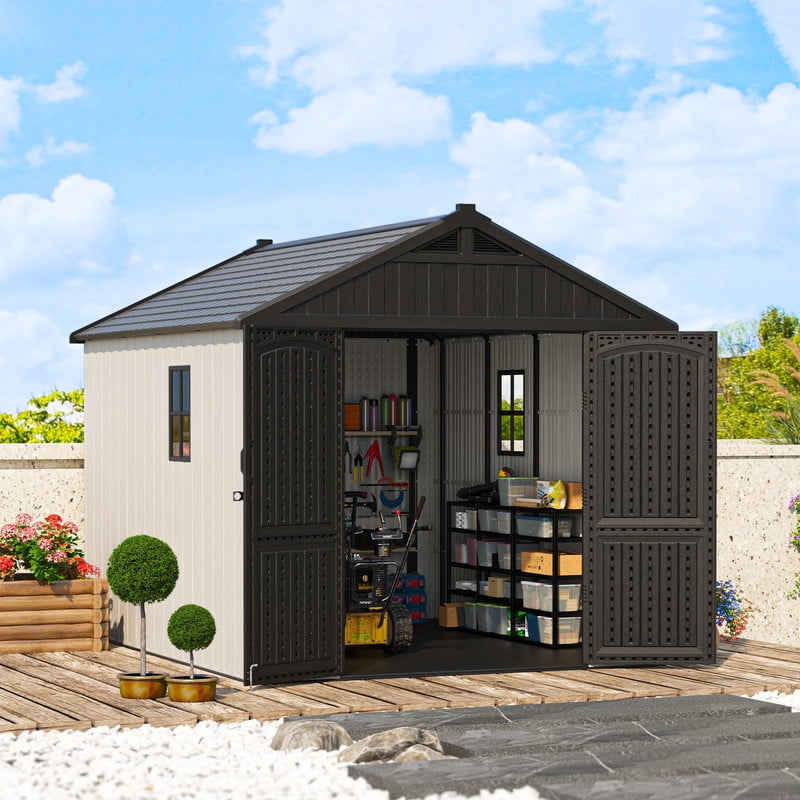 Patiowell 6x8 FT Outdoor Storage Shed With Floor - Resin Tool Shed, Lockable, Weatherproof (Light Gray)