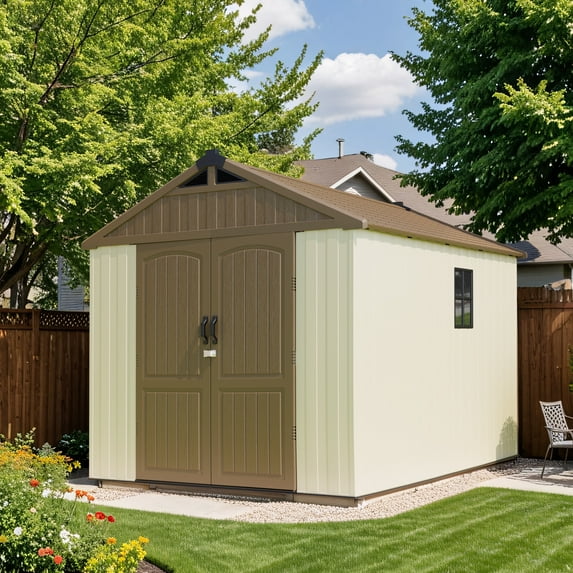 Patiowell 8' x 10' Resin Storage Shed w/Floor, Lockable Door & Window, Easy Assemble, Brown & Beige