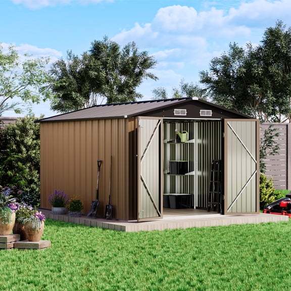Patiowell 8 x 10 ft Outdoor Storage Shed with Detachable Storage Rack, Outdoor Storage Shed, Brown