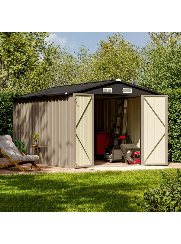 Patiowell 8' x 12' Metal Storage Shed for Outdoor, Steel Yard Shed with Design of Lockable Doors, Utility and Tool Storage for Garden, Backyard, Patio, Outside use, Brown