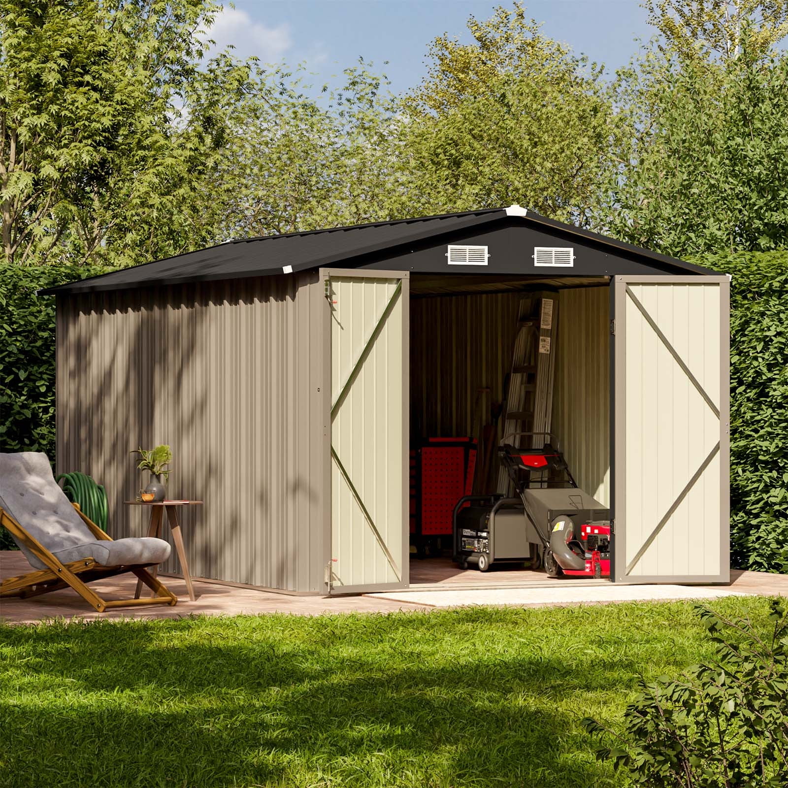 Patiowell 8' x 12' Metal Storage Shed, Lockable Steel Garden Shed for Outdoor Tools & Utility, Brown