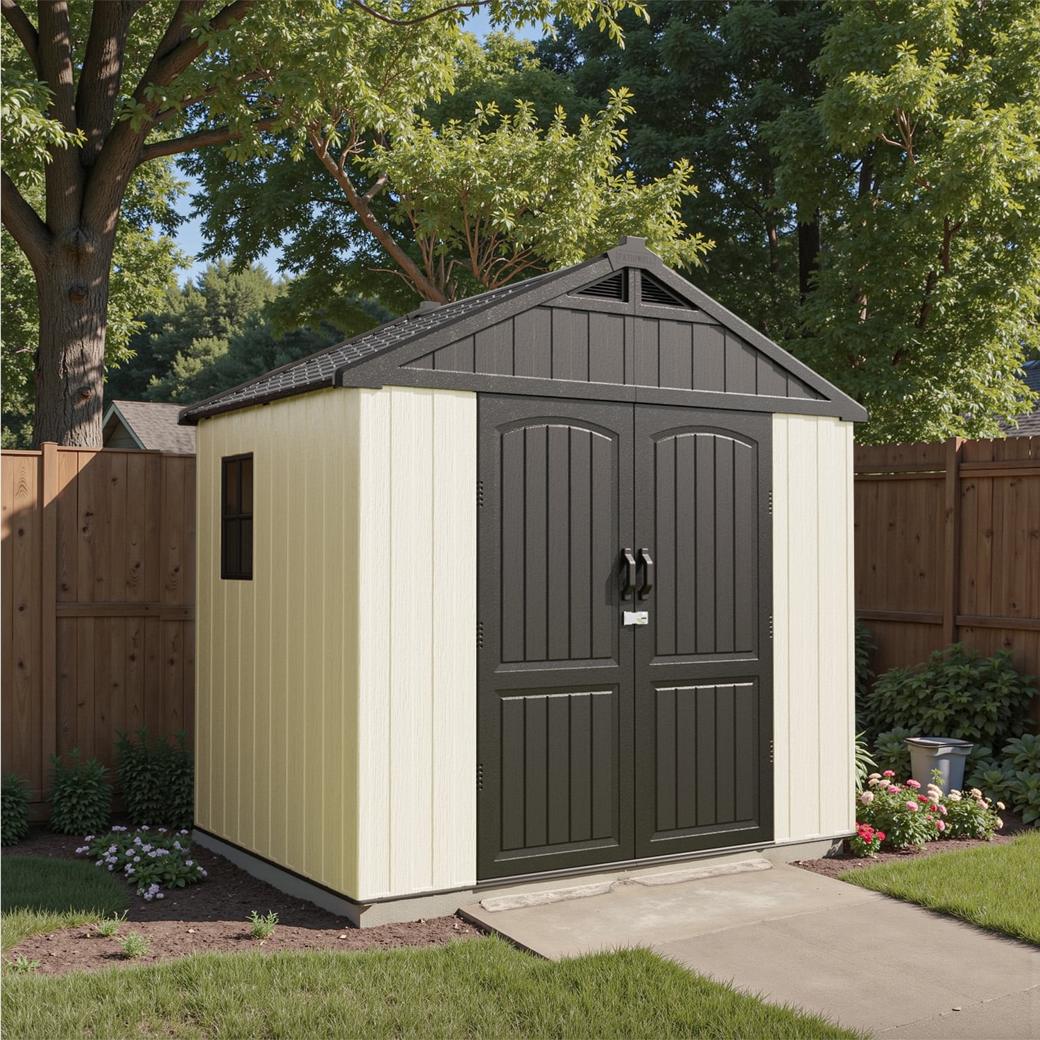 Patiowell 8' x 6' Plastic Outdoor Storage Shed with Floor, Resin Shed with Window and Lockable Door for Garden, Backyard, Tool Storage Use, Easy to Install in Gray and White (Kick-it Shed)