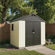 Patiowell 8' x 6' Plastic Outdoor Storage Shed with Floor, Resin Shed with Window and Lockable Door for Garden, Backyard, Tool Storage Use, Easy to Install in Gray and White (Kick-it Shed)