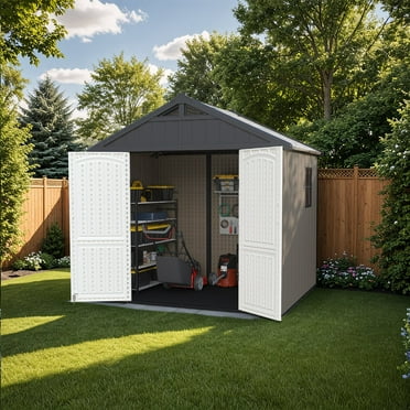 Patiowell 8' x 6' Plastic Outdoor Storage Shed with Light & Window & Lockable Doors for Garden, Backyard, Patio Use, Dark Gray